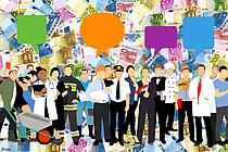 Illustration verschiedener Menschen mit Sprechblasen vor einem Hintergrund aus Geldscheinen
