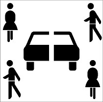 Symbolisierte Personen um ein geteiltes Auto stehen für Carsharing