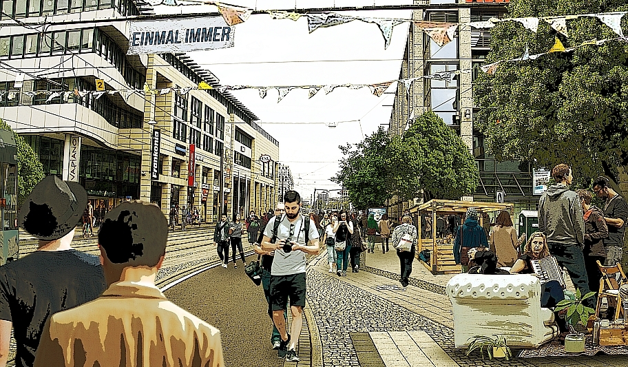 "Ein Herz für Magdeburg" - fiktive Fußgängerzone auf dem Breiten Weg zwischen Allee-Center und Bärstraße