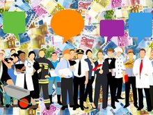 Illustration verschiedener Menschen mit Sprechblasen vor einem Hintergrund aus Geldscheinen