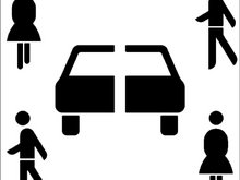 Vier stilisierte Personen um ein stilisiertes, geteiltes Auto symbolisieren das Konzept Carsharing