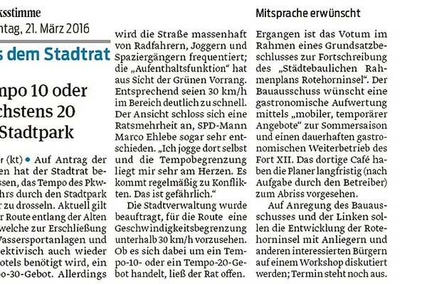 Presseartikel zum Änderungsantrag der GRÜNEN zur "Fortschreibung "Städtebaulicher Rahmenplan Rotehorninsel" Stand März 2015"