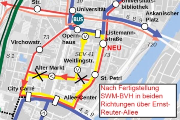 Mögliche Streckenführung der Buslinie 73