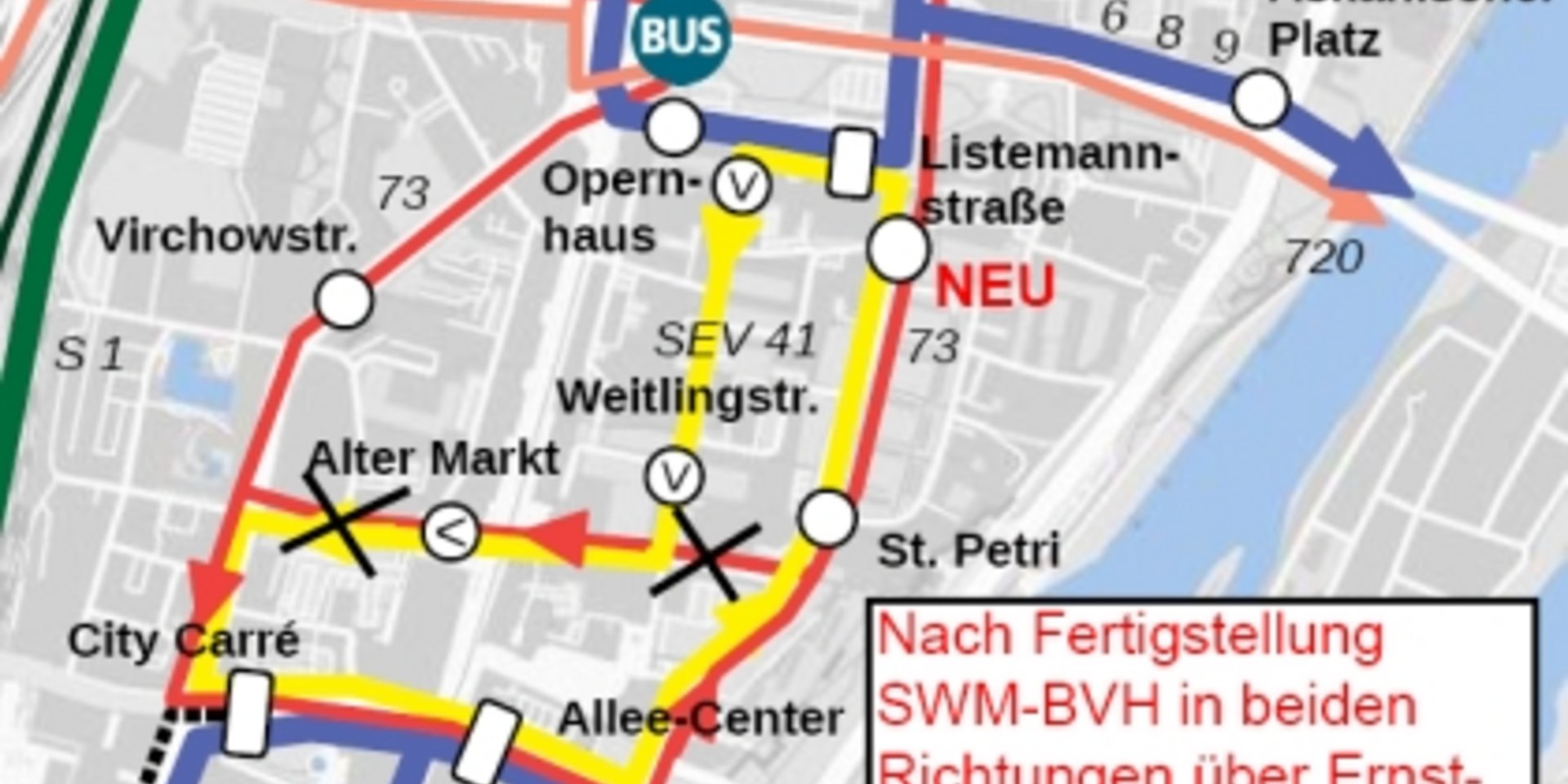 Mögliche Streckenführung der Buslinie 73