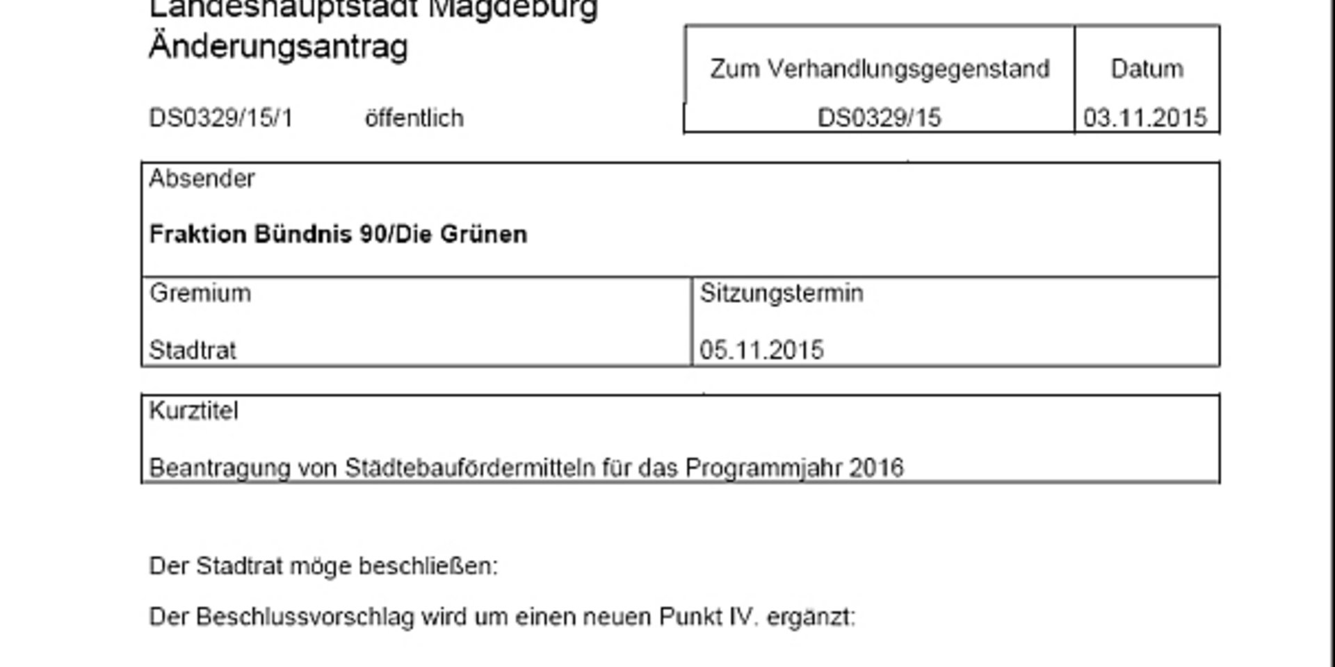 Änderungsantrag zur Drucksache "Beantragung von Städtebaufördermitteln für das Programmjahr 2016"